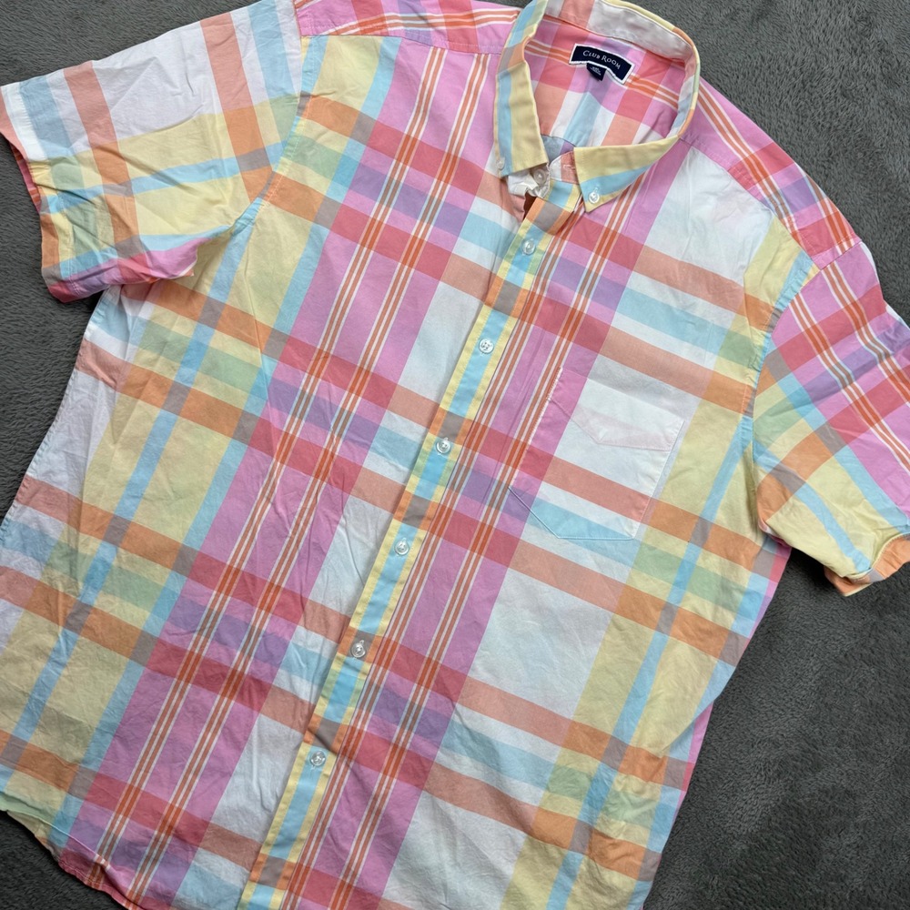 Club Room Plaid Shirt Mens XXL Multicolor Pastel Short Sleeve Excellent Preppy